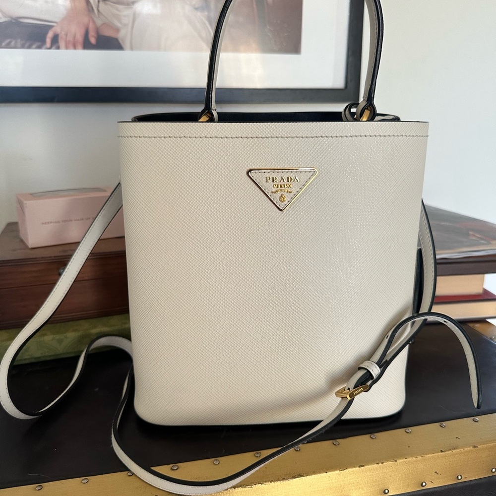 Prada Cream Saffiano Leather Tote with Gold Hardware